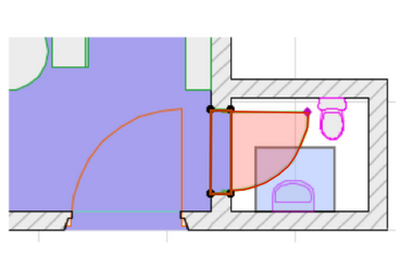 Figure 7b - washbasin functional space (blue region) intersects door operational space (red region).