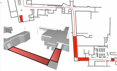 Figure 7c - hazards (e.g. steep ramps) on paths (red line) computed from  wheelchair movement spaces.